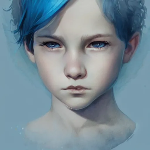 Prompt: child, young, blue hair, short hair, serious, intricate, ethereal, highly detailed, sharp focus, artstation, watercolor, by charlie bowater and ross tran
