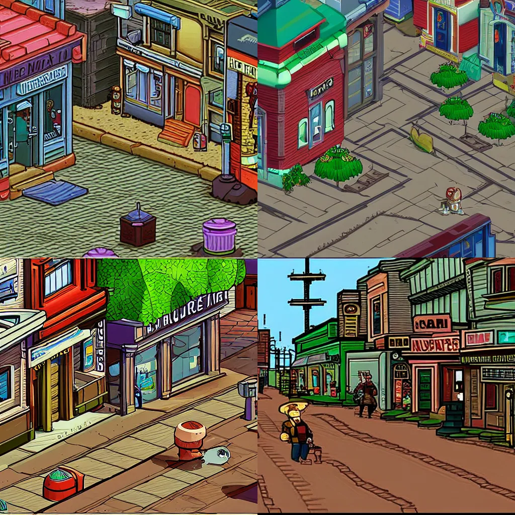 Prompt: the main street in a small colony on a strange planet, from a Lucasarts graphic adventure game made in 1998