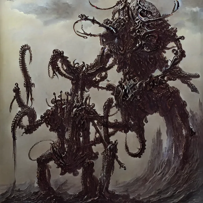 Prompt: still frame from Prometheus by Jakub Rozalski and utagawa kuniyoshi, infinite Hell Scape with gigantic mecha demons and ornate bone cyborgs by Wayne Barlowe by peter Mohrbacher by Giger, dressed by Alexander McQueen and by Neri Oxman, metal couture hate couture editorial