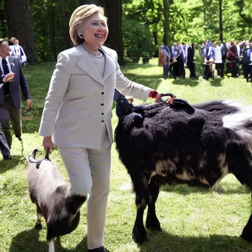 Image similar to hillary clinton wearing a goat head at the bilderberg meeting in the forest