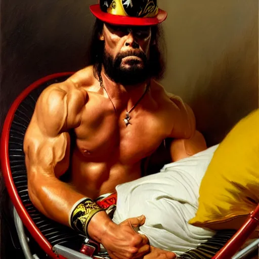 Image similar to macho man randy savage ring gear is in his bed, nervous and terrified, because lex lugar in a wheel chair is attacking him. highly detailed painting by gaston bussiere, j. c. leyendecker, greg rutkowski, craig mullins 8 k