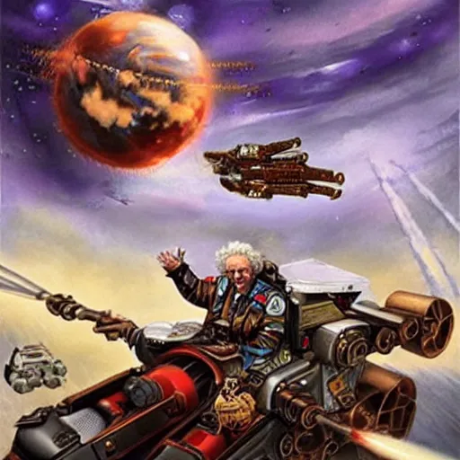 Image similar to Albert Einstein flying a Warhammer 40k Storm Speeder