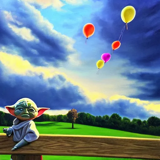 Prompt: eye - level view, shot from 5 0 feet distance, baby yoda plays on a seesaw at the city park. a balloon vender in the background. dramatic clouds, setting sun. golden hour, oil on canvas painting, detailed, depth, volume, chiaroscuro, quiet intensity, serene.