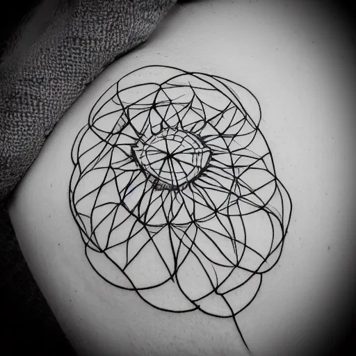 Image similar to a minimalistic thin line tattoo sketch representing interconnection of intellectual and spiritual origins of existence, straight patterns vs organic patterns, high detail