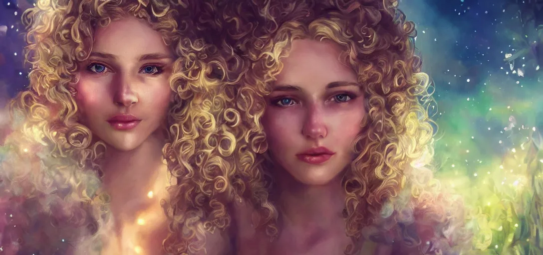 Image similar to beautiful blond, curly, Emma Wardell, perfect face and body, birthday in a magic garden, fairies, monkeys, diamonds, scissor, smooth, sharp focus, illustration, realistic, cinematic, artstation, gold, ornate, award winning, original modern artwork, rgb ethereal lighting, 8k