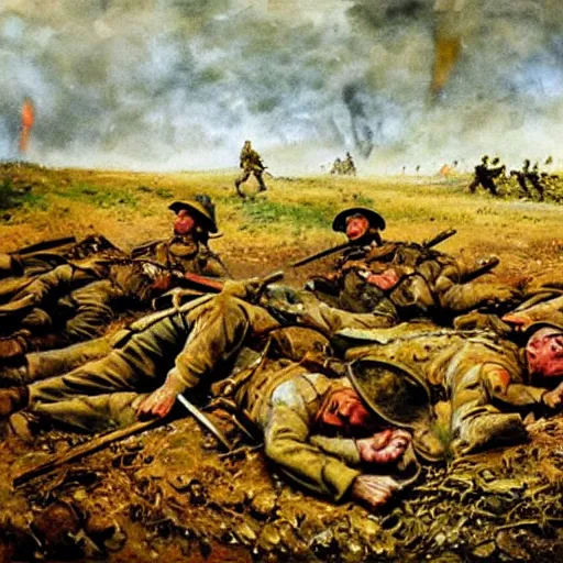 Image similar to Battle of the Somme but the soldiers are sleeping on the ground painting 1916