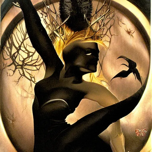 Prompt: dark swan queen, black feathers instead of hair, feathers growing out of skin, black fingers with black claws, bird feet, black bodysuit, disney villain, dark fae, moulting, suspended in zero gravity, on spaceship with cables hanging down, highly detailed, mike mignogna, ron cobb, mucha, oil painting