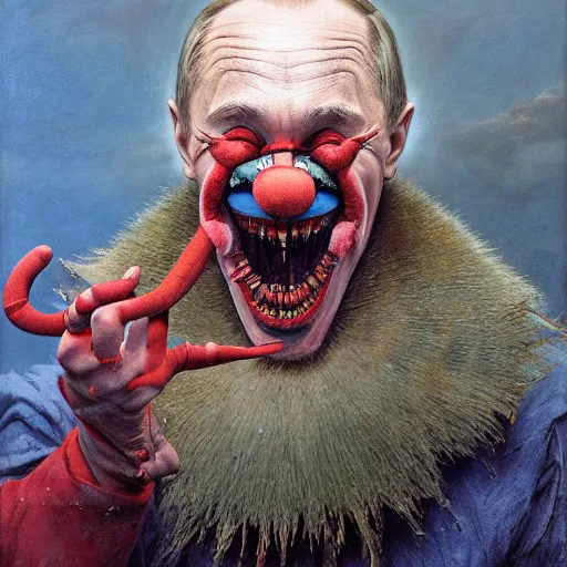 Image similar to vladimir putin, drunk jester, drunk circus performance, wearing clown nose, horror teeth, fantasy 3 d render, masterpiece, by donato giancola and greg rutkowski and wayne barlow and zdzisław beksinski, realistic face