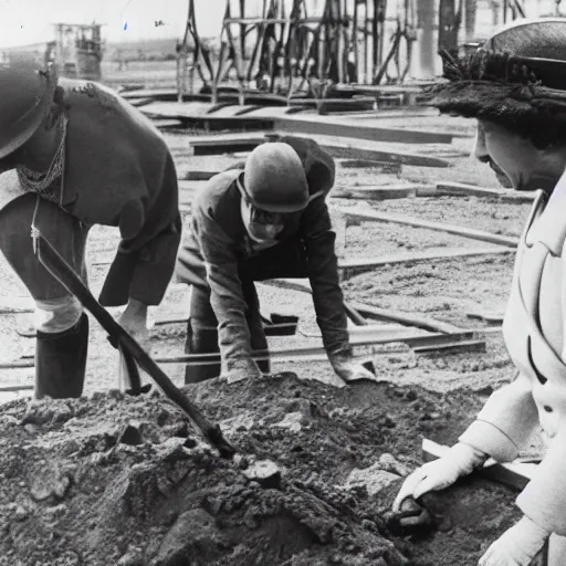 Prompt: Queen Elizabeth working hard on a building site