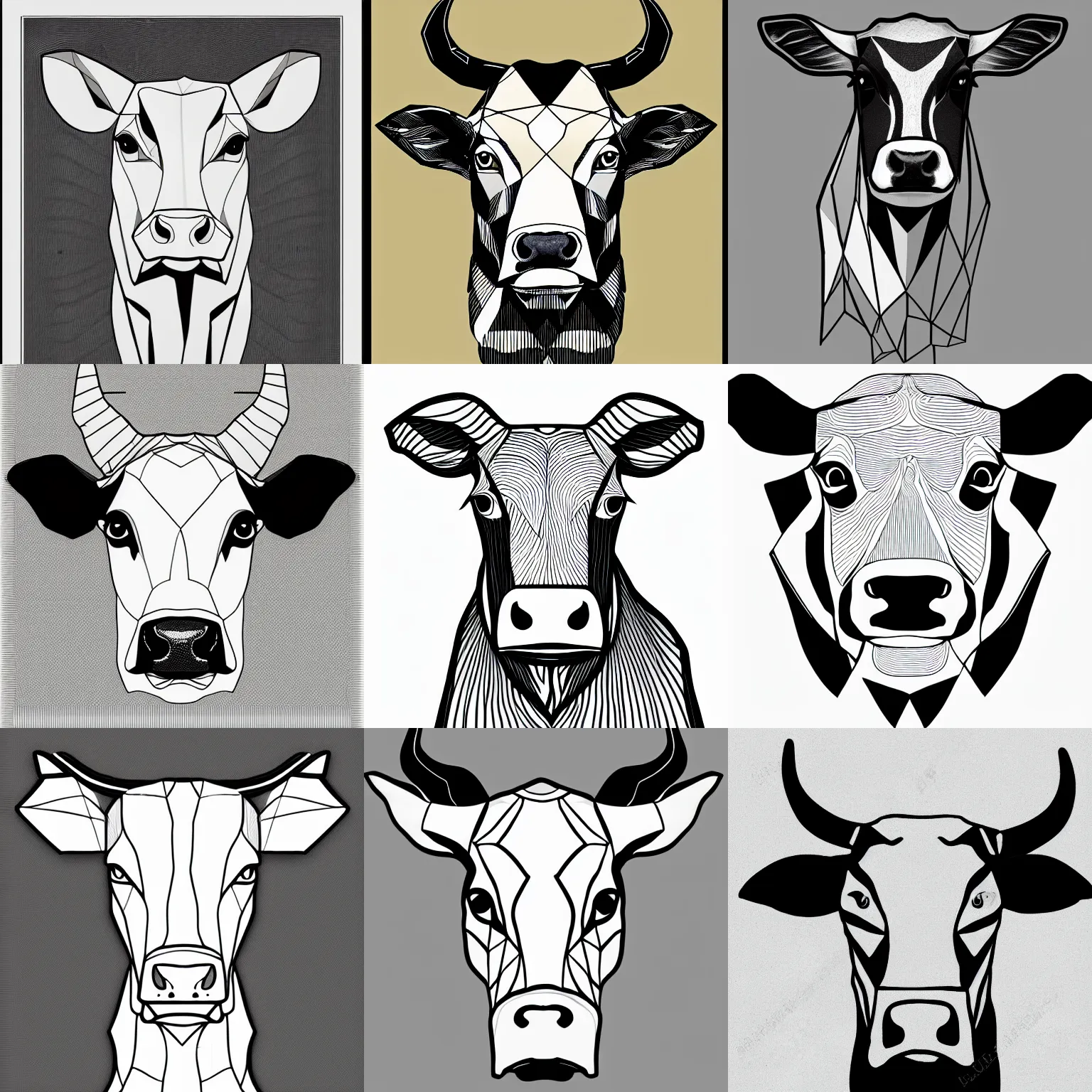 Prompt: an art nouveau portrait of a cow head, low poly outlines, connecting lines, black on white line art