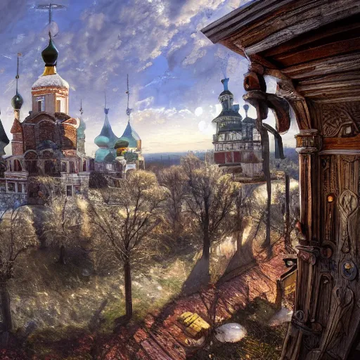 Prompt: photo ancient Slavic Russian city of Kitezh, fisheye lens, painting by Viktor Vasnetsov, concept art, magical city, fantasy cityscape, ancient Slavs, wooden buildings, ancient Russian architecture, terem, hyperborea, top cinematic lighting , cinematic mood, very detailed, 8k, high resolution, trending on artstation, artstationHD,