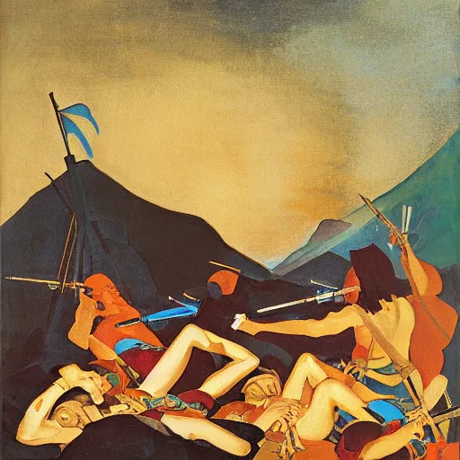 Image similar to a naturalist vintage painting of shining metal spanish conquistador soldiers lying on the ground by nicholas roerich by gustave moreau, by eyvind earle by bruce pennington by georgia o keeffe, blood, skin reflective metallic