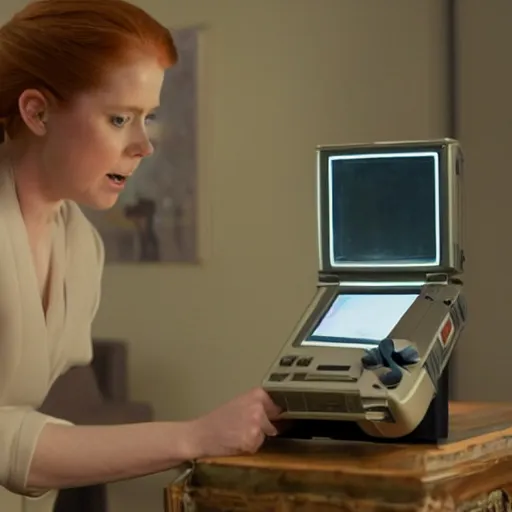 Prompt: a still of Amy Adams playing with a Gameboy, in the movie Arrival, highly detailed and intricate, sharp image, cinematic lighting, 8k HDR