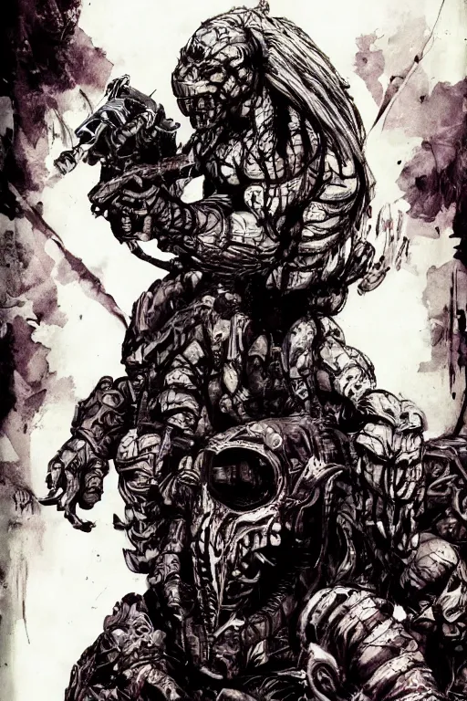 Prompt: predator illustrated by yoji shinkawa, science fiction horror action, ink, digital painting, highly detailed, trending on artstation, sharp focus, illustration, concept art, norman rockwell