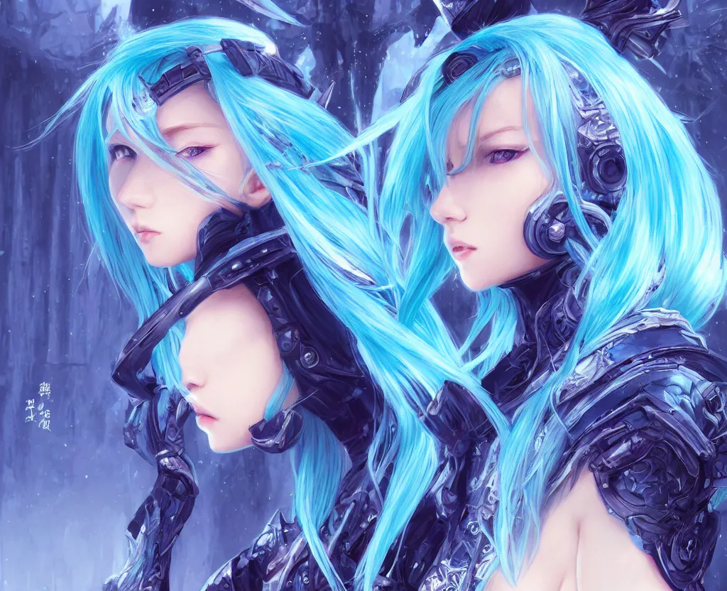 Image similar to portrait light cyan hair ninja gaiden girl, black plus little blue ninja wardrobe, at snowy fuji mountain sunrise, ssci - fi and fantasy, intricate and very very beautiful, detailed, digital painting, artstation, concept art, smooth and sharp focus, illustration, art by tian zi and wlop and alphonse mucha