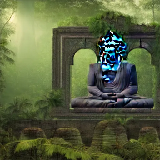 Image similar to a dramatic picture of a giant buddha in an abandoned jungle temple ruin, photorealistic, volumetric lights, highly detailed