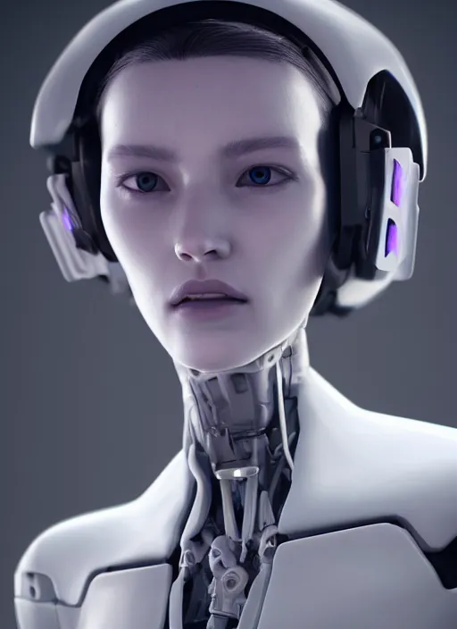 Image similar to white one cast futuristic biomechanics futuristic humanoid, pretty face, beautiful female, futuristic, neon lights, cyberpunk, 8 k, digital painting, by beeple and makoto shinkai, trending on cg society, glamour pose, high fashion, photorealistic, hyper realistic, environmental portrait, ambient occlusion render