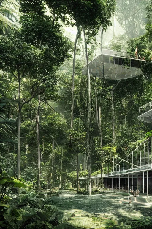 Image similar to architecture inspired by renzo piano deep in the rainforest. nature is taking over. metabolism. matte painting. octane render. hdr. volumetric lighting. global illumination. atmospheric.