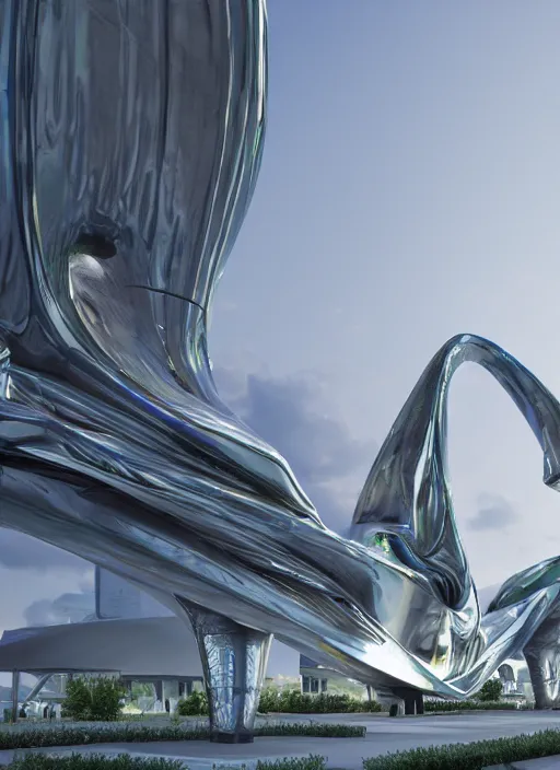Image similar to highly detailed realistic architecture 3 d render of a huge high futuristic iridescent metallic stele sculpture in zaha hadid style standing in city park, archdaily, made in unreal engine 4 octane render