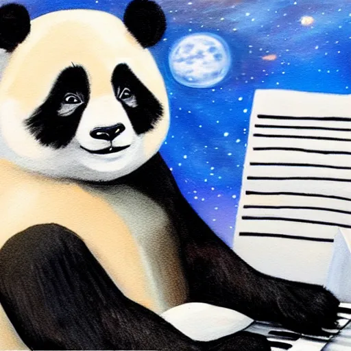 Image similar to painting of a panda playing piano at the edge of the galaxy wearing an astronaut uniform and laughing