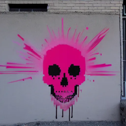 Image similar to a skull spray painted on a wall with dripping pink spray paint, pixel art