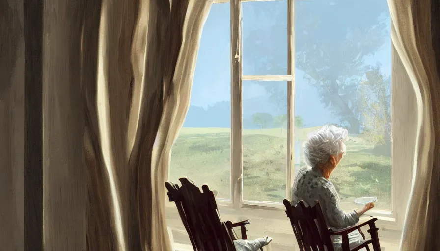 Image similar to landscape of an old lady in a rocking chair looking out of the window at the moon. old house. hyperdetailed, artstation, cgsociety, 8 k