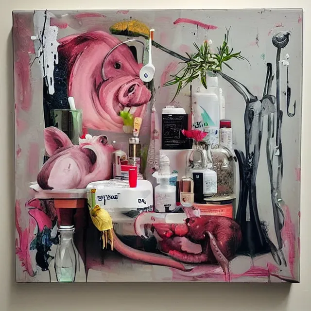 Image similar to “ a portrait in a female art student ’ s apartment, a pig theme, syringe, anaesthesia, art supplies, surgical iv drip, octopus, ikebana, herbs, a candle dripping white wax, squashed berries, berry juice drips, acrylic and spray paint and oilstick on canvas, surrealism, neoexpressionism ”