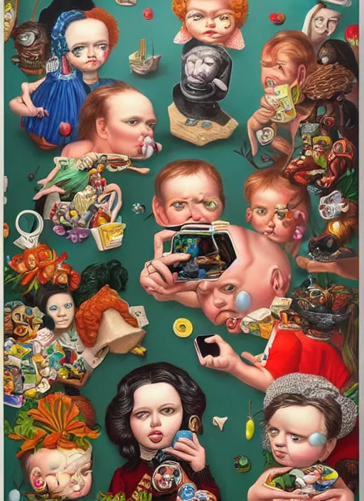 Image similar to people see a smartphone as a trash Mark Ryden and Alex Gross, Todd Schorr highly detailed