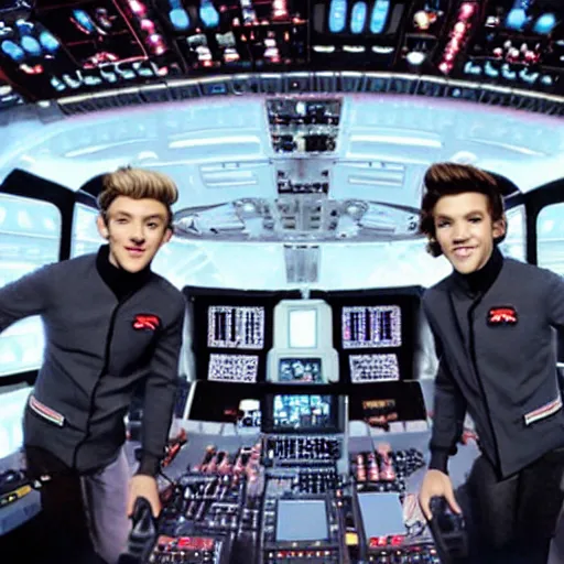 Prompt: the cast of one direction manning the flight deck of the starship enterprise, sixities television