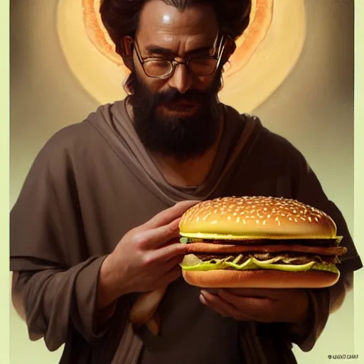 Image similar to portrait of Moses eating big mac hamburgers, extra onions and ketchup, luscious patty with sesame seeds, ethereal, handsome, D&D, fantasy, intricate, elegant, highly detailed, digital painting, artstation, concept art, matte, sharp focus, illustration, art by Artgerm and Greg Rutkowski and Alphonse Mucha