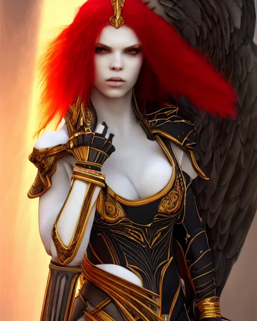 Prompt: red - haired final fantasy white marble egyptian nun caressing her hawk, warframe armor, regal, attractive, ornate, sultry, sexy, beautiful, elize theron, pretty face, green eyes, scifi platform, 4 k, ultra realistic, epic lighting, illuminated, cinematic, black gold, art by alexandra petruk, voidstar