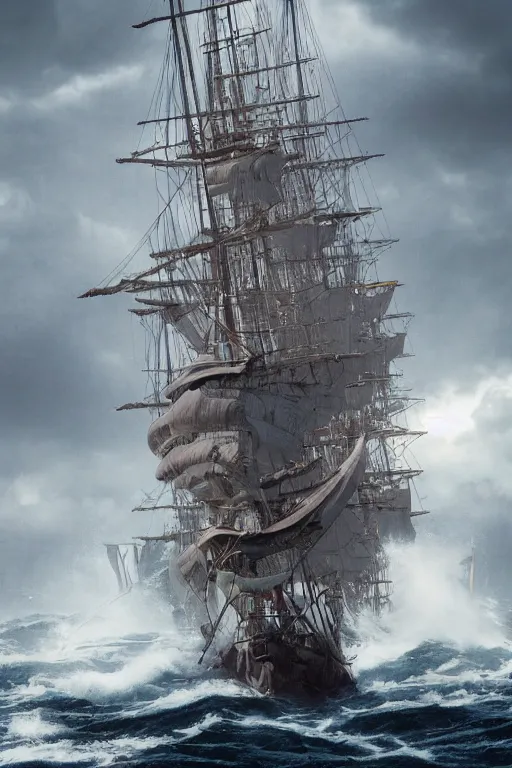 Image similar to A tall ship vessel in heavy waves, hypermaximalistic, high details, cinematic, 8k resolution, beautiful detailed, insanely intricate details, artstation trending, octane render, unreal engine