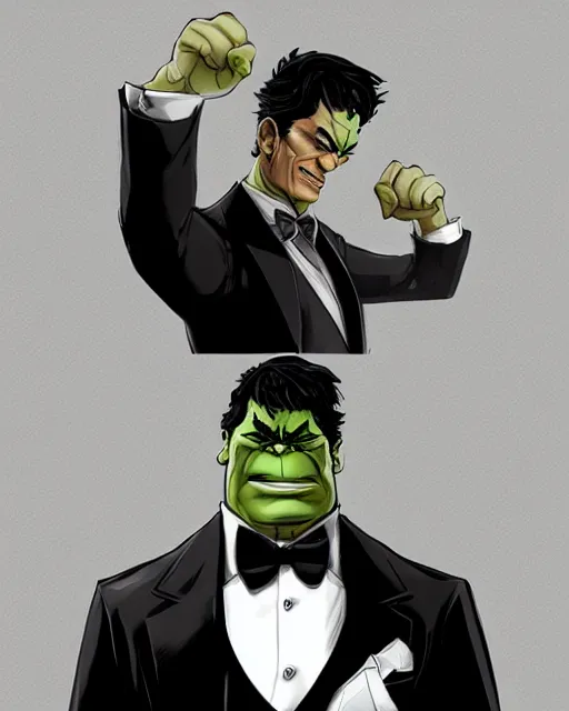 Prompt: hulk in a tuxedo, dapper hulk, fantasy concept art, stunning visuals, creative, cinematic, ultra detailed