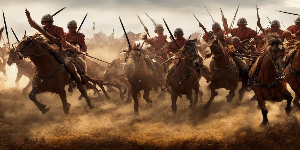 Image similar to mid action shot cinematic artwork of a battle scene as cavalry charge on horseback into a spartan army in phalanx formation, battlefield scene by greg rutowski, masterpiece, 4 k