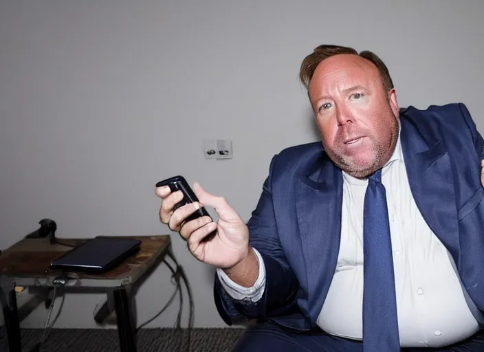 Image similar to dslr photo still of infowars host alex jones in a blue suit fat grey beard and mustache!!! sitting depressed!!! in a room filled to the ceiling with cell phones stacks of cell phones cell phones stacks cell phones filling the entire room, 5 2 mm f 5. 6