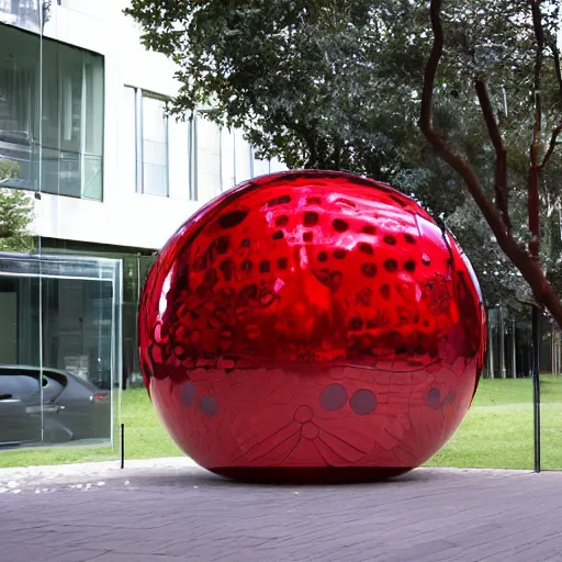 Prompt: chrome spheres on a red cube by philip castle
