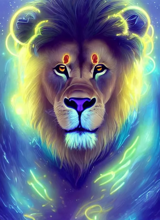 Image similar to award winning beautiful portrait commission of a male furry anthro lion swimming in a beautiful neon bioluminescent sea with beautiful attractive detailed furry face wearing swimmers. Character design by charlie bowater, ross tran, artgerm, and makoto shinkai, detailed, inked, western comic book art