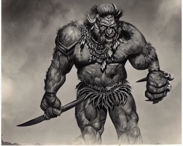 Image similar to vintage photograph of a real fantasy orc chieftain, tall, muscular, sharp fangs and tusks, big arms, big hands, big feet, armored, tribal paint, highly detailed