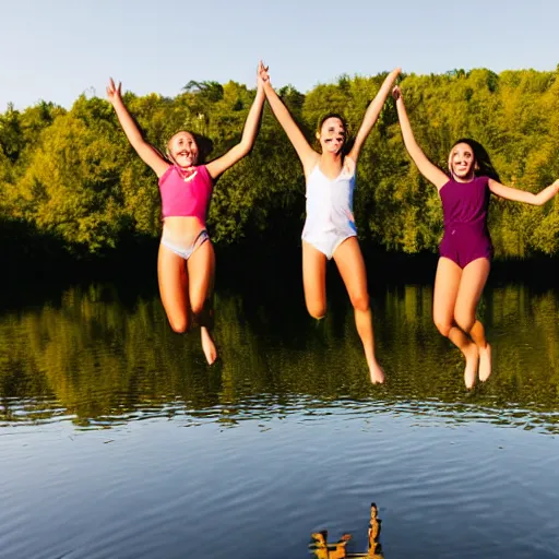 Prompt: girls jumping off a dock into lake silhouette