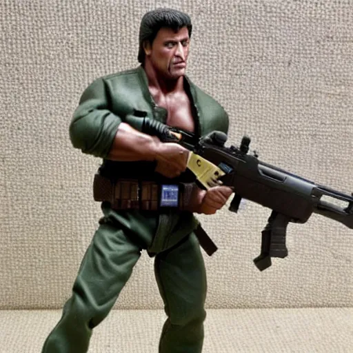 Image similar to 12 inch full body lifelike action figure of Stallone as Rambo. Big muscles. Holding a fully automatic rifle