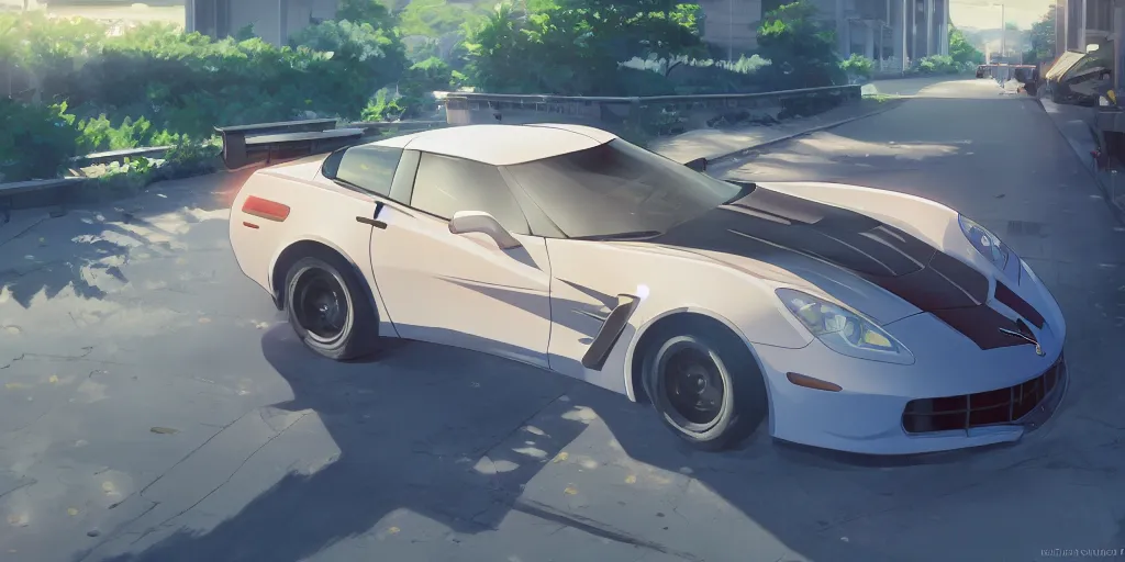 Image similar to photorealistic corvette on a summer day, anime key visual, digital art, anime screenshot, kyoto animation, makoto shinkai, trending on artstation