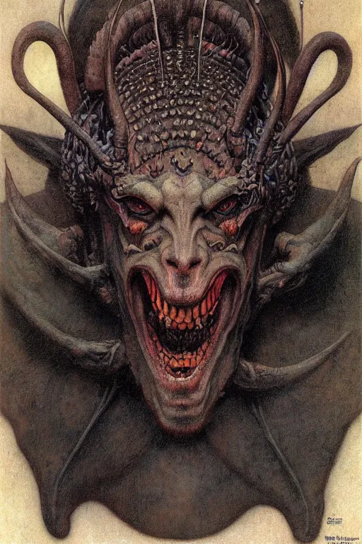 Image similar to a portrait of goetoc demon bune by wayne barlowe, gustav moreau, goward,  Gaston Bussiere and roberto ferri, santiago caruso, and austin osman spare, ((((occult art))))