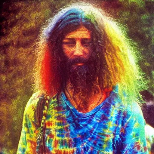 Image similar to an oil painting of a hippy in tie-dye at woodstock 1969, natural colours, character photography, Exquisite detail, post-processing, masterpiece