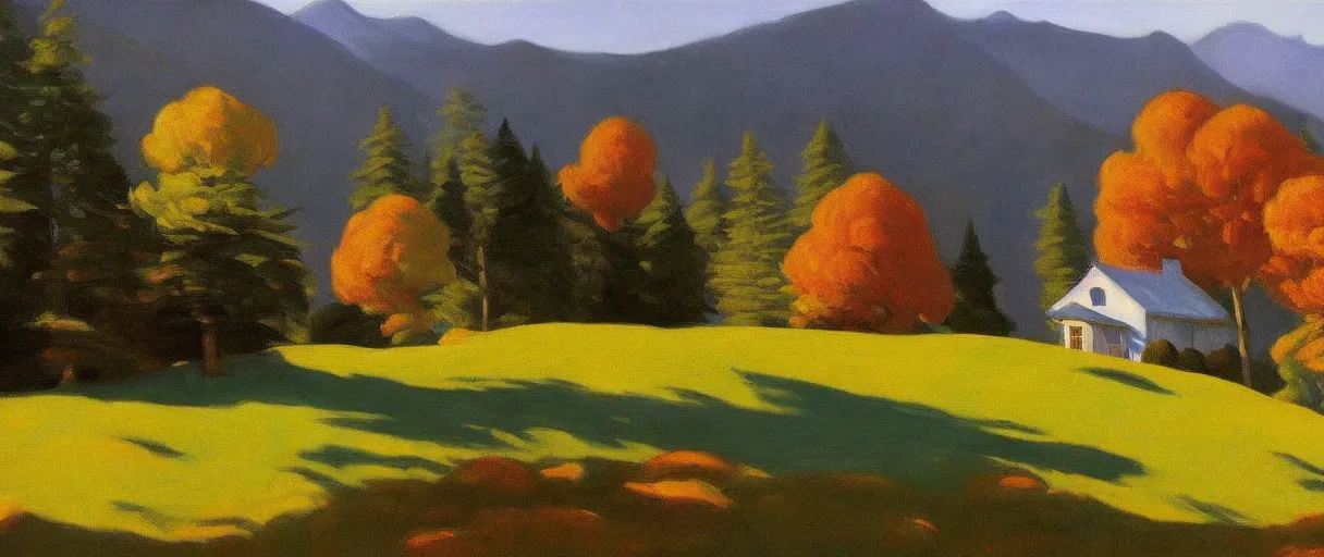 Image similar to a highly detailed, 4 k, alpine landscape with a cottage, dense trees, fall, by edward hopper, new artstation artist,