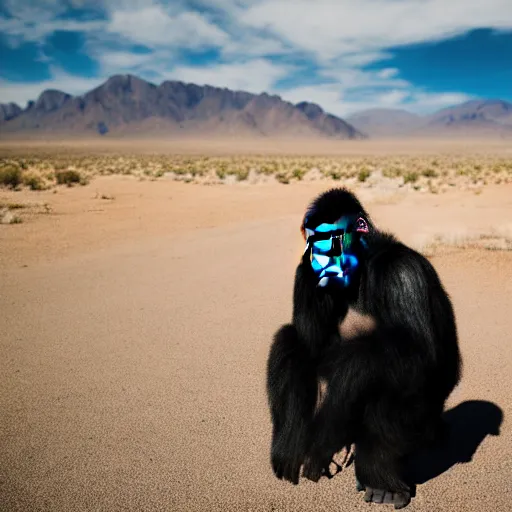 Prompt: A photo of Walter White wearing a gorilla suit, cinematic lighting, New Mexico desert, XF IQ4, f/1.4, ISO 200, 1/160s, 8K, RAW, unedited, symmetrical balance, in-frame, Facial Retouch