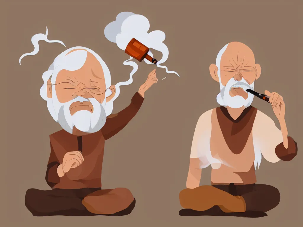 Image similar to meditating figure of an old man with a beard and white hair, hair coming out from a smoking pipe as smoke, avatar aang animation style