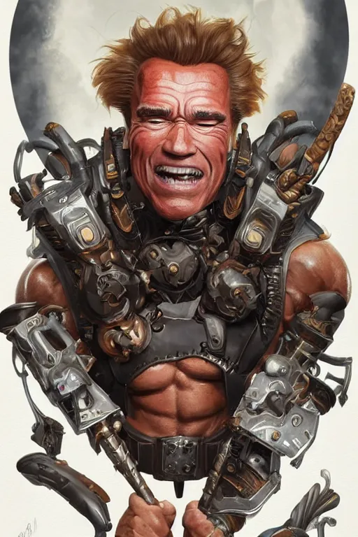 Image similar to portrait of arnold schwarzenegger as junkrat from overwatch, full body, fantasy, intricate, elegant, highly detailed, digital painting, artstation, concept art, sharp focus, illustration, art by artgerm and greg rutkowski and alphonse mucha