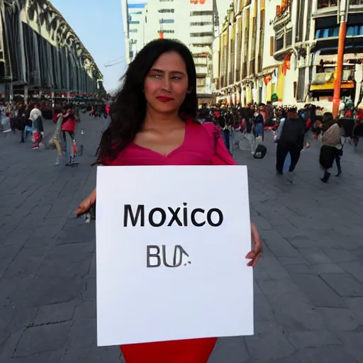 Prompt: attractive woman holding a blank sign, full body, mexico city