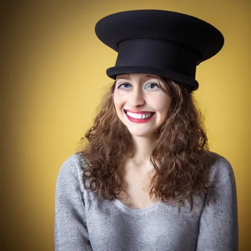 Prompt: portrait of a smiling 2 5 - year - old french woman with 9 0 degree nails pretty face, perfect large eye, medium yellow blond hair, character with a hat, hair comes out of the hat a little