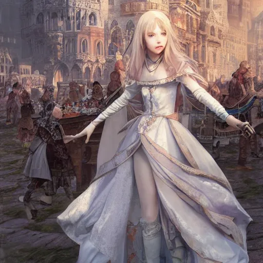 Prompt: character portrait of the white princess in the marketplace in the sky, color page, 4k, tone mapping, doll, Akihiko Yoshida, James_Jean_Andrei_Riabovitchev_Marc_Simonetti, Yoshitaka Amano, digital illustration, apollo loop